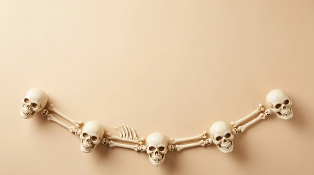 Halloween skeleton arrangement with skulls and bones on a neutral background