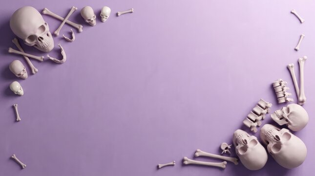 Skeletal remains forming a decorative border on a lilac background