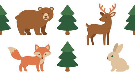 Fototapeta premium Cute forest animals seamless pattern vector with cartoon bear deer fox rabbit and pine trees for kids fabric design