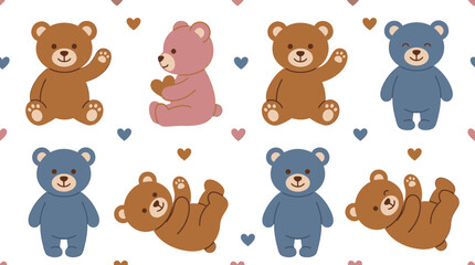 Fototapeta premium Cute teddy bear seamless pattern vector illustration with colorful cartoon bears and hearts for nursery wallpaper and baby textile design