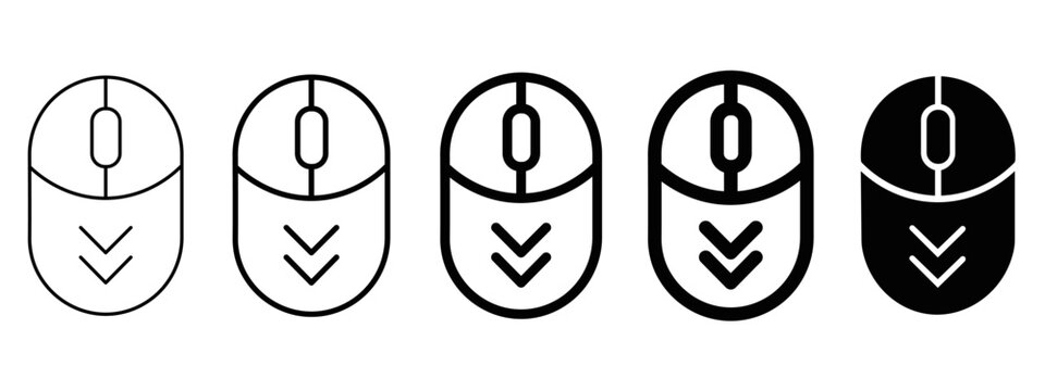 Computer mouse scroll down icons vector set, outline and solid style