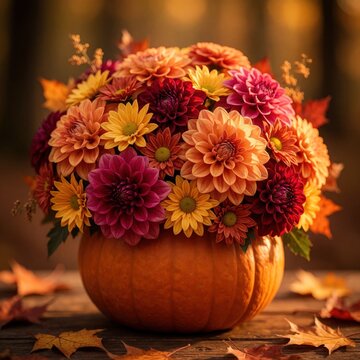 Autumn floral arrangement in carved pumpkin vase with vibrant dahlias chrysanthemums. Warm light falls on seasonal harvest decor, scattered fall leaves on wood.