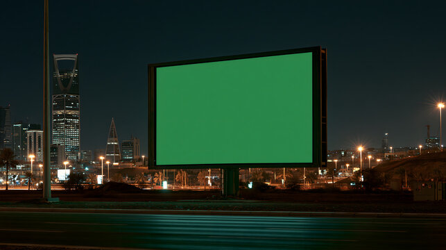 Billboard at Night: A large, illuminated billboard with a green screen displays a blank advertisement at night, set against a backdrop of a city skyline and streetlights.