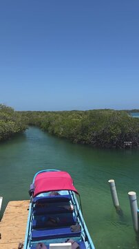 Tour Boat Docked at Ecotourism Boardwalk leading through Mangrove Lagoon Channel in Montecristi National Park, Dominican Republic, Vertical 4K Video