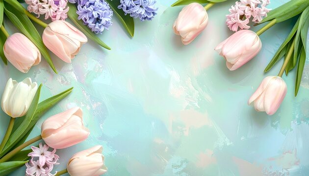 Pink Tulips And Blue Hyacinths Arranged On A Soft Textured Surface Provide A Beautiful Floral Frame For Messages Or Invitations Representing The Fresh Arrival Of Spring Season Nature Celebration