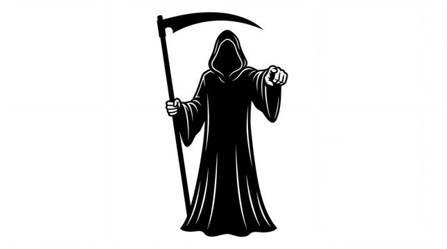 Grim reaper mascot pointing forward holding sharp scythe for dark spooky graphic design on white background