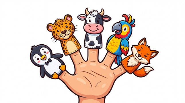 Five colorful animal finger puppets worn on a human hand isolated for children on white background