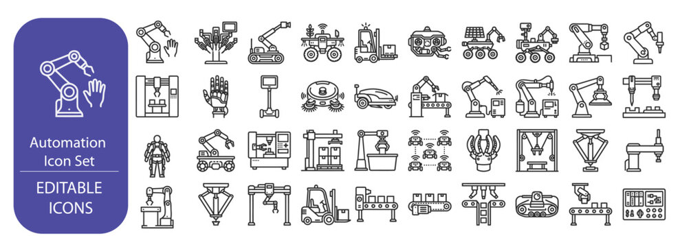 Automation Icon Set - Robotic Arm, Smart Factory, Industrial Manufacturing & AGV Line Icons Vector