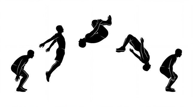 Dynamic silhouette sequence showing an athletic man performing a perfect backflip stunt on white background