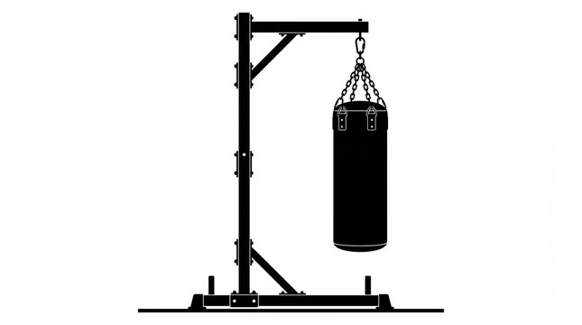 Black boxing punching bag hanging from a heavy duty steel stand isolated on white background