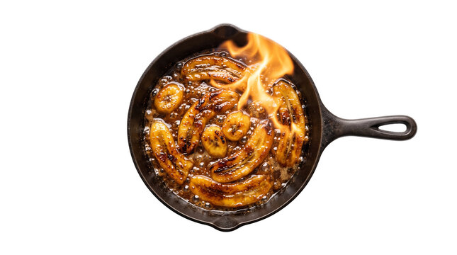 Caramelized bananas foster flambe in cast iron skillet, sizzling fried banana slices with fire, gourmet dessert cooking isolated PNG with Transparent Background