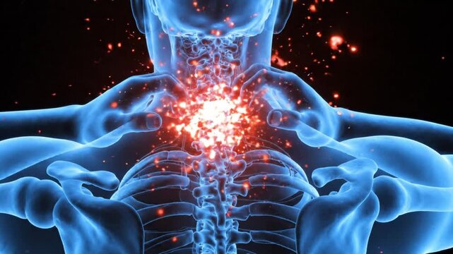 3d medical illustration of a human neck and spine showing intense pain or inflammation in the cervical vertebrae area