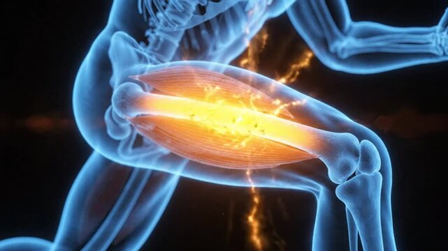 3d illustration of human anatomy showing the quadriceps muscle group highlighted in orange on a running figure, representing muscle function and sports science on a black background