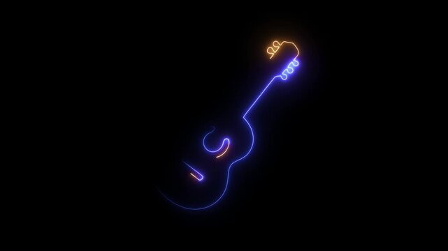 Glowing neon acoustic guitar icon glowing blue and orange line art animation loop black background