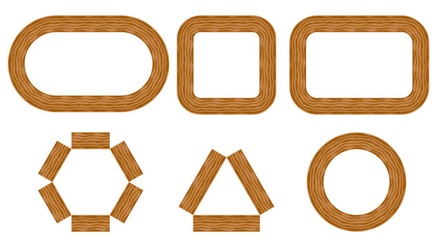Wooden frame set geometry shape label border wood texture badge tag circle oval PNG illustration