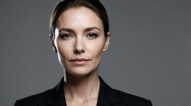 Businesswoman portrait. Serious adult woman in black jacket looks forward. Pro female executive in studio lights on grey backdrop. Ambition and leadership concept.