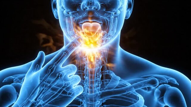3d medical illustration of human throat anatomy with highlighted larynx and pharynx, showing internal structures and skeletal system in a blue schematic view