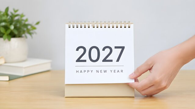 A hand turning the page of a desk calendar showing the year 2027 for a happy new year celebration in a bright home office setting on a wooden table with a small green plant