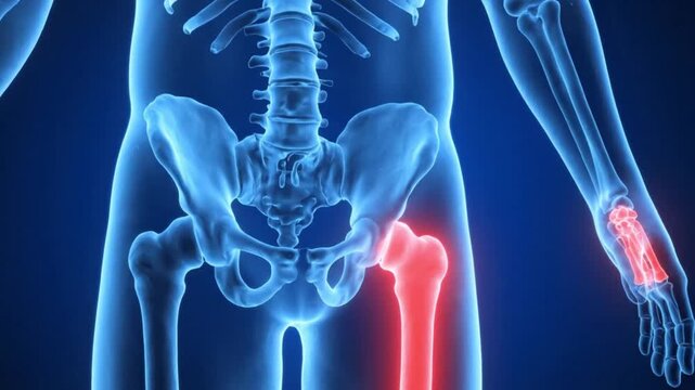 3d medical illustration of the human skeletal system highlighting the femur and a finger bone in red