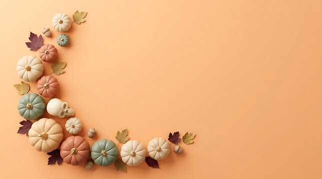Colorful painted pumpkins arranged with autumn leaves on transparent background