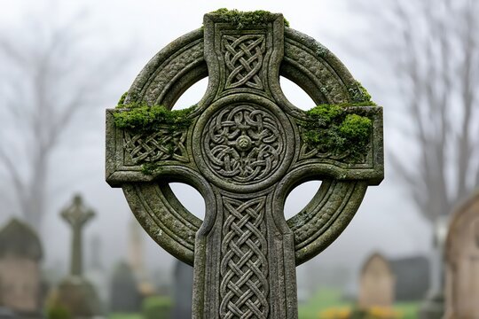 Celtic cross stone sculpture in foggy graveyard and ancient cemetery