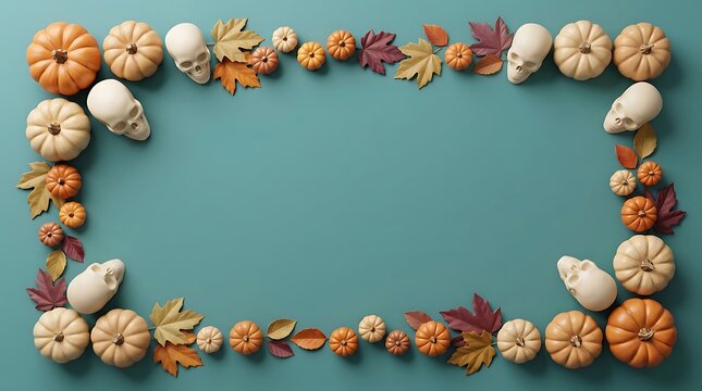 Creative Halloween pumpkins and autumn leaves decorative frame arrangement