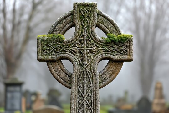 Celtic cross stone monument in misty Irish cemetery mystic mood