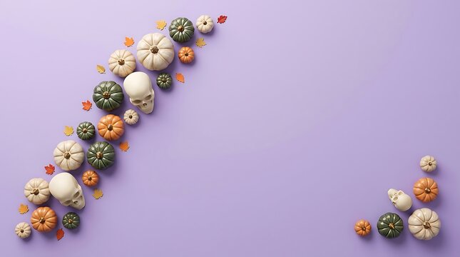 Creative Halloween pumpkins arranged in artistic decorative pattern on purple background