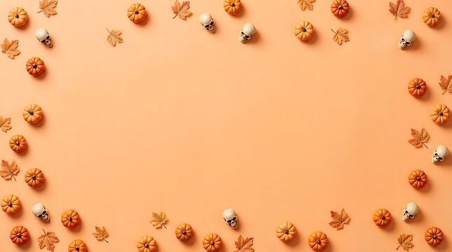 Creative Halloween pumpkins with skulls and autumn leaves design arrangement