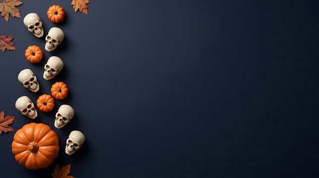 Halloween decoration featuring pumpkins and skulls on dark background