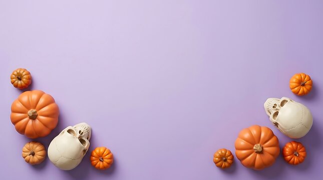 Halloween decoration featuring pumpkins and skulls on purple background