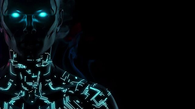 Dark futuristic android cyborg with glowing cyan eyes and intricate electronic circuit body patterns in a moody cyberpunk environment