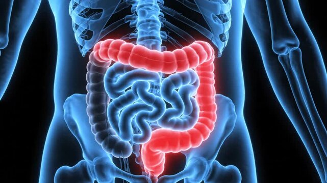3d medical illustration of the human large intestine highlighting the descending colon and rectum in red, showing digestive system anatomy within a skeletal structure