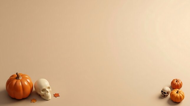 Halloween decoration featuring pumpkins and skulls on neutral background