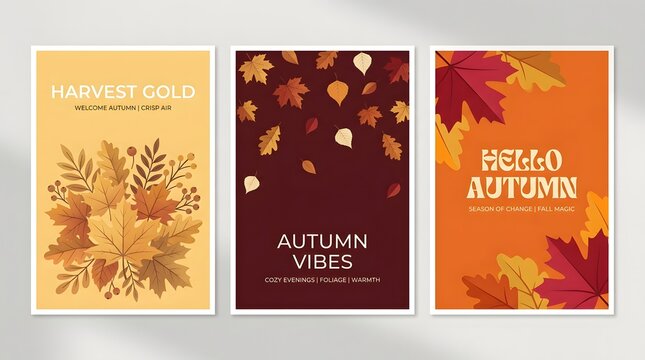 Set of three autumn seasonal greeting card designs with colorful falling maple leaves and harvest themed typography