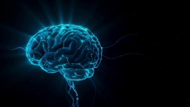 Futuristic glowing blue human brain with pulsing neural network synapses and electrical impulses in a dark cyberspace environment