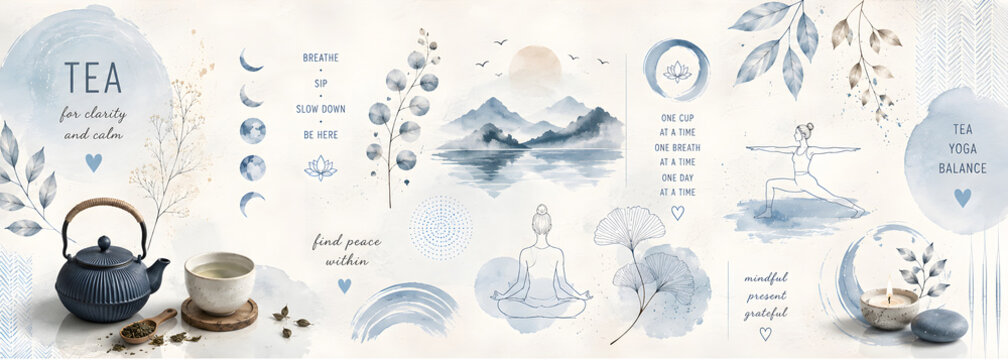 Mindful tea and yoga composition with watercolor blue elements