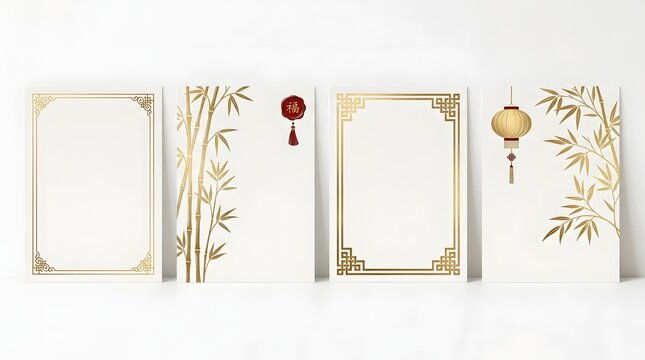 Set of four elegant greeting card templates featuring golden bamboo branches and traditional chinese lantern frames