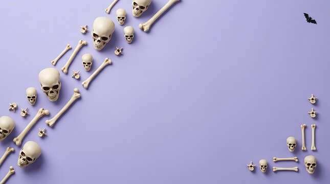 Scattered skeleton bones illustration on purple transparent background