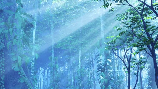 Light beams come through the leaves in a dense forest. The trees are tall and the air is filled with green colors. It is daytime and the sun is visible through the branches.