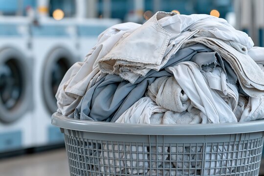 Laundry basket full of dirty clothes in laundromat interior view