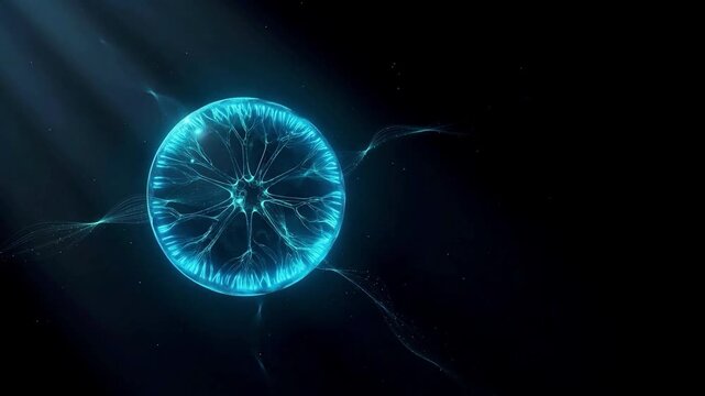 Futuristic glowing blue microscopic cell structure with intricate internal neuron filaments and energy tendrils floating in a dark cosmic space
