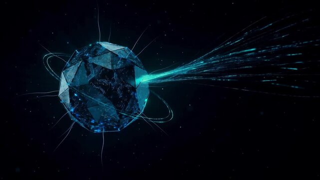 Futuristic technological geometric sphere core transmitting data streams with glowing blue energy rings and particle networks in a dark cyberspace environment
