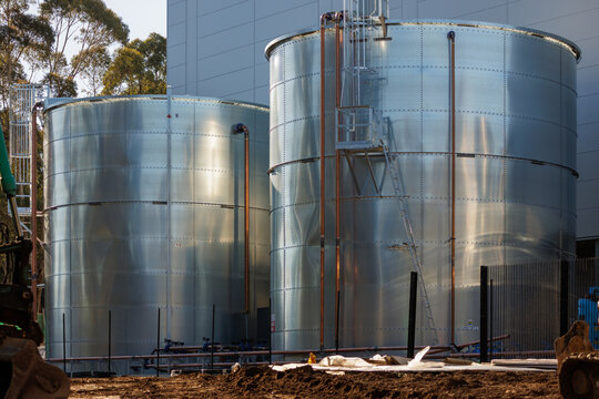 View of data centre storage tanks with external pipework and access structures