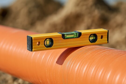 Spirit level on orange plastic pipe construction site measurement tool