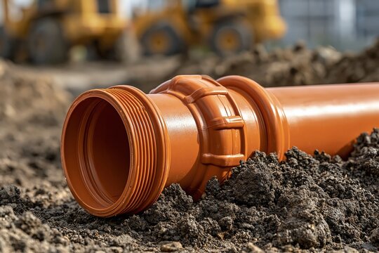 Plastic pipe installation at construction site with heavy machinery