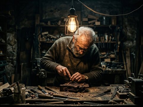 Elderly Craftsman Meticulously Assembling Intricate Mechanical Device in Dusty Workshop