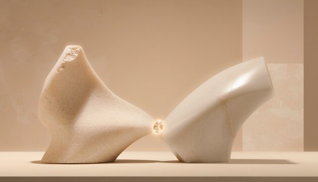 Exquisite glowing gemstone between two organic marble sculptures