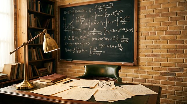Academic study room featuring a chalkboard with complex mathematical formulas and physics equations