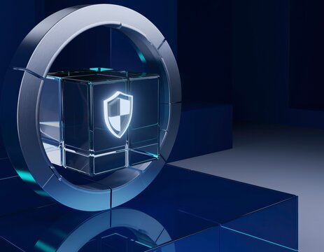Futuristic cyber security shield icon inside glass block ring
